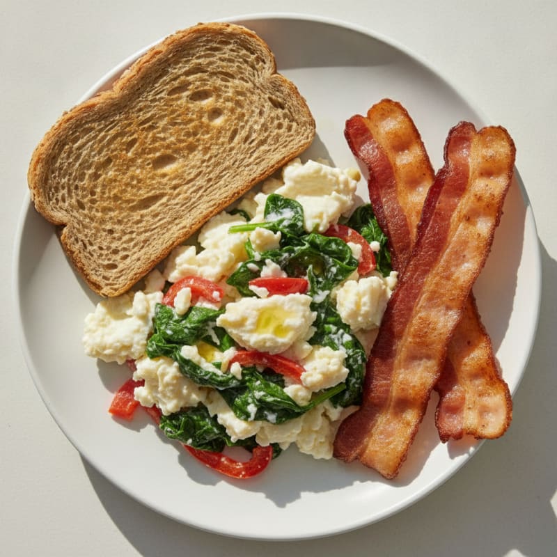 Egg White Veggie Scramble with Crispy Bacon and Whole Wheat Toast