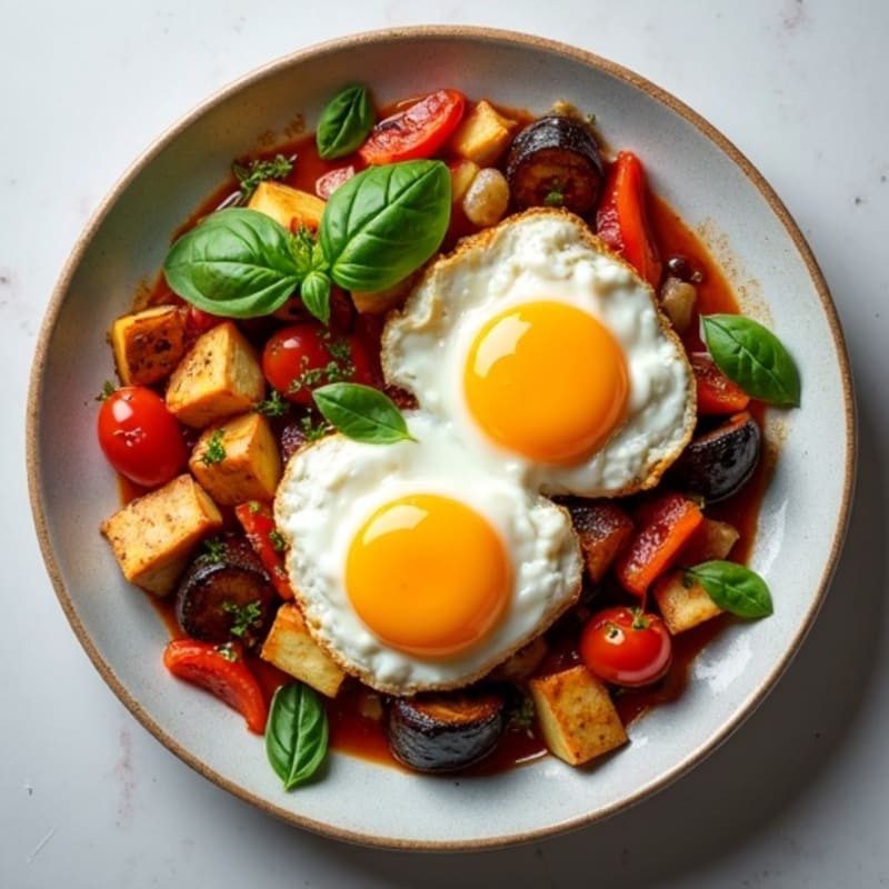 Roasted Vegetable Ratatouille with Tofu and Poached Eggs