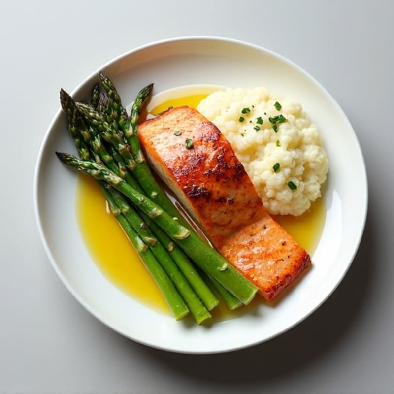 Seared Salmon with Steamed Asparagus and Cauliflower Mash