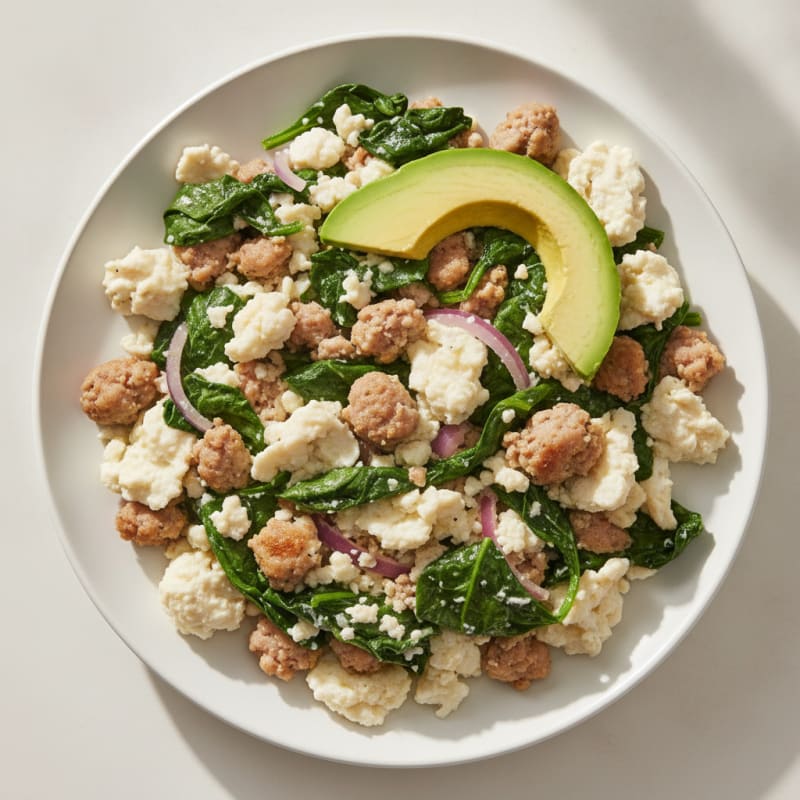 Egg White and Turkey Sausage Scramble with Sautéed Spinach