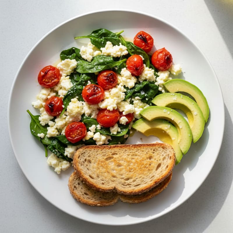 Cottage Cheese Egg White Scramble with Spinach and Cherry Tomatoes