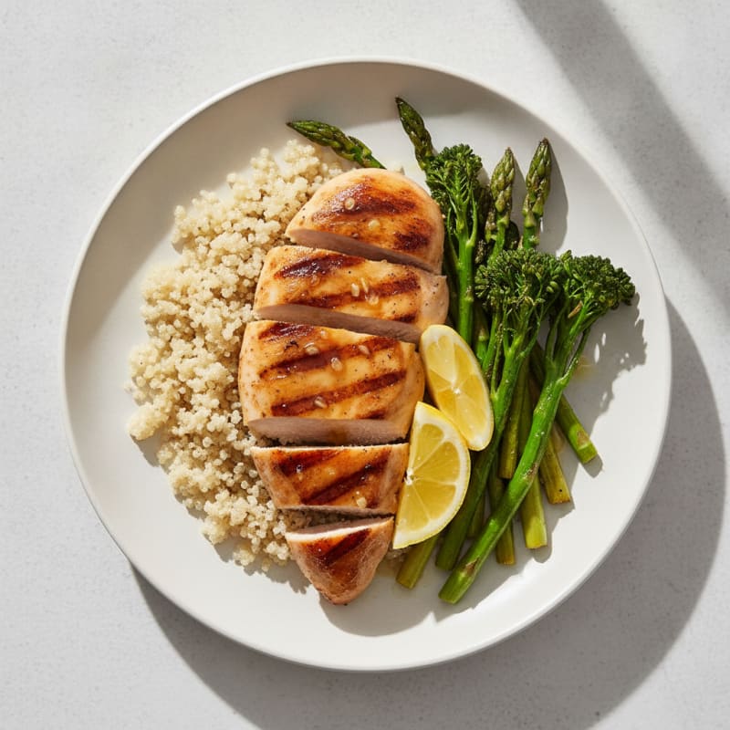 Grilled Chicken Breast with Roasted Asparagus and Quinoa