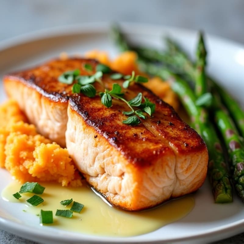Seared Salmon Fillet with Roasted Asparagus and Sweet Potato Mash