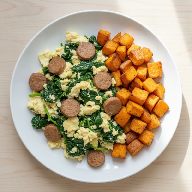 Egg White Spinach Scramble with Turkey Sausage and Roasted Sweet Potatoes