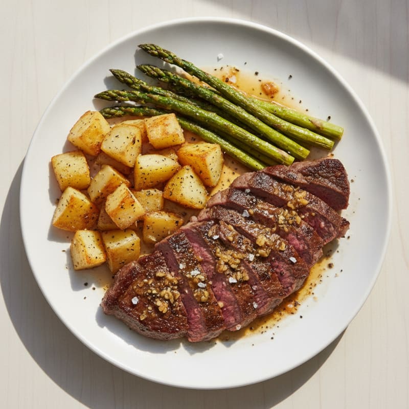 Garlic Herb Steak with Roasted Asparagus and Potatoes
