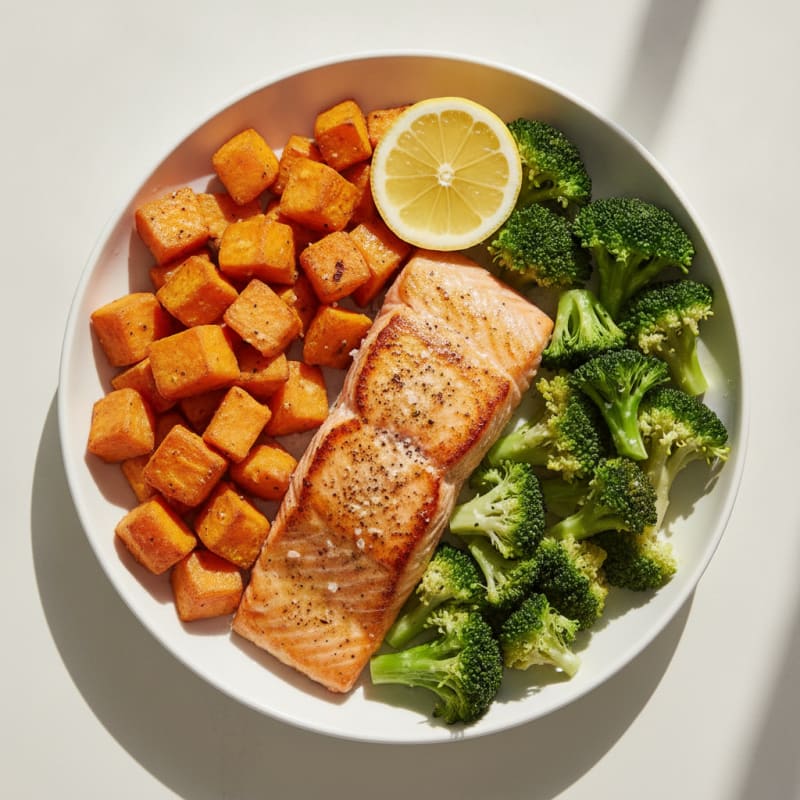 Seared Salmon with Roasted Sweet Potatoes and Steamed Broccoli