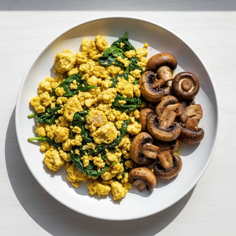 Silky Tofu Spinach Scramble with Roasted Mushrooms