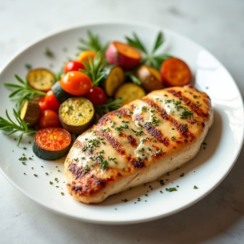 Creamy Greek Yogurt Marinated Chicken with Herb Roasted Vegetables