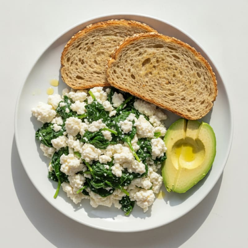 Silky Egg White Scramble with Cottage Cheese and Sautéed Spinach