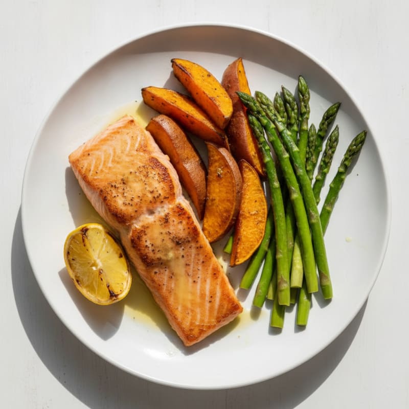 Seared Salmon with Roasted Sweet Potato and Asparagus