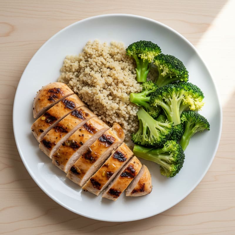 Grilled Chicken Breast with Steamed Broccoli and Quinoa