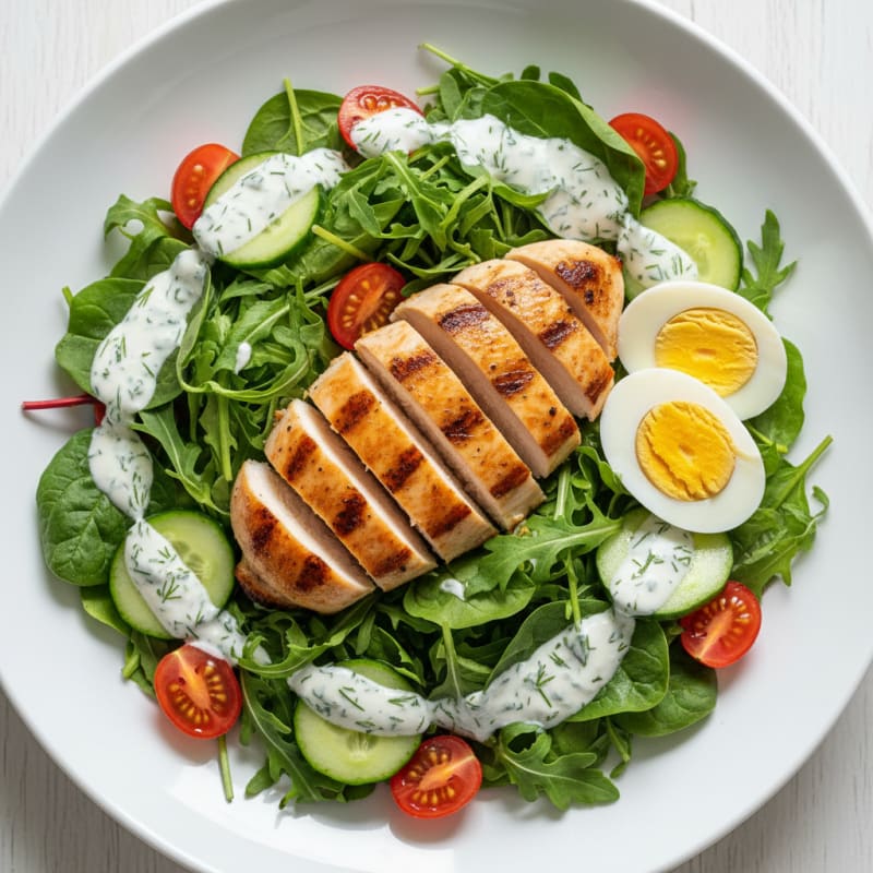 Grilled Chicken Breast Salad with Mixed Greens and Kefir Dressing