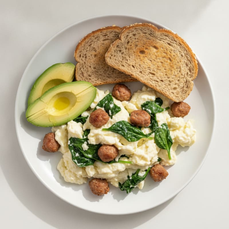 Egg White Spinach Scramble with Turkey Sausage