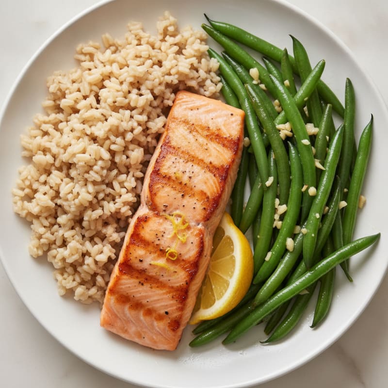 Seared Salmon with Garlic Green Beans and Brown Rice