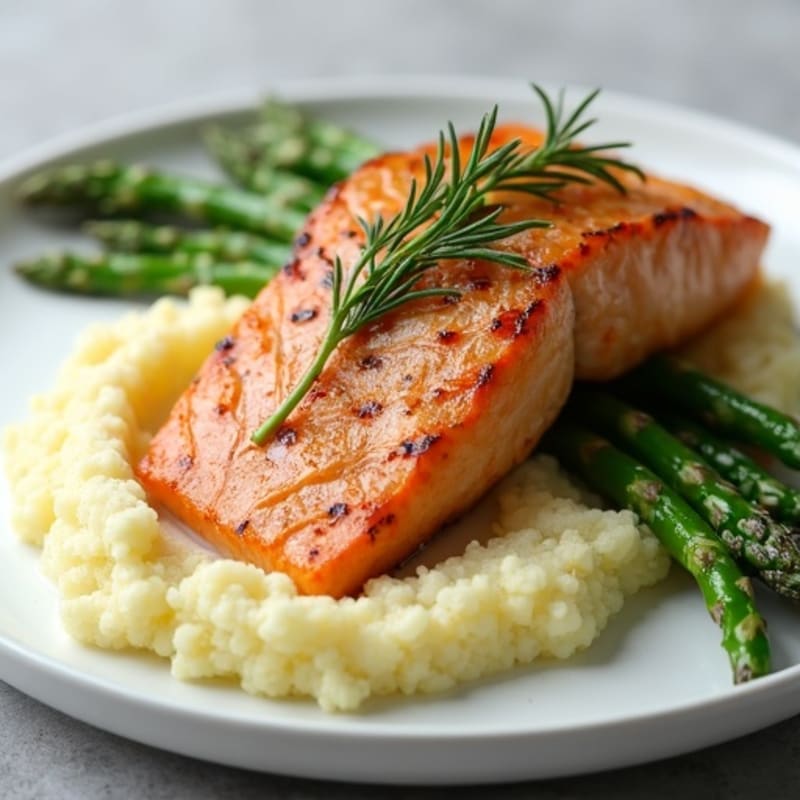 Seared Salmon with Steamed Asparagus and Cauliflower Mash