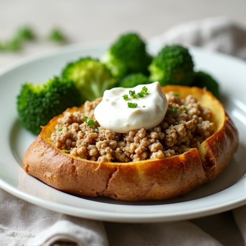 Crispy Baked Potato with Lean Ground Turkey, Steamed Broccoli, and Creamy Greek Yogurt