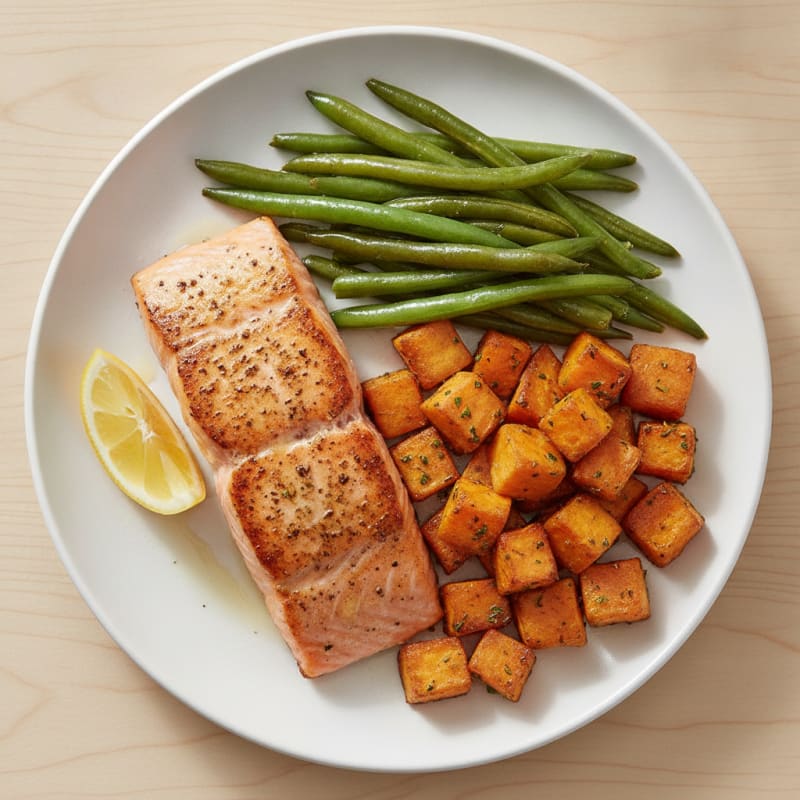 Seared Salmon with Steamed Green Beans and Herb Roasted Sweet Potato