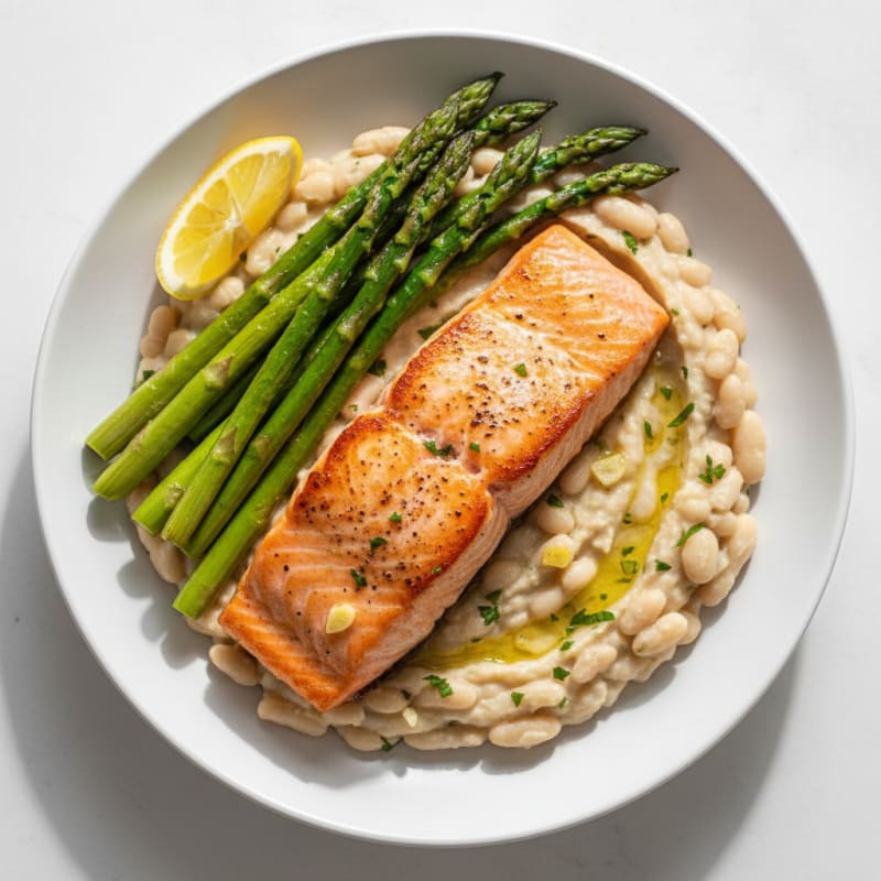 Seared Salmon Fillet with Creamy White Bean Mash and Roasted Asparagus