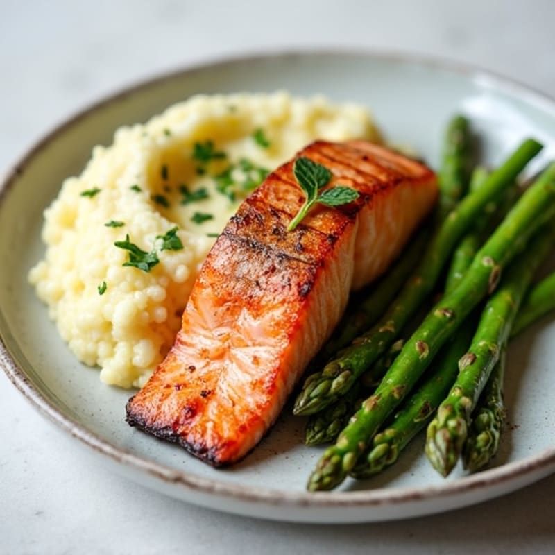 Seared Salmon with Steamed Asparagus and Cauliflower Mash