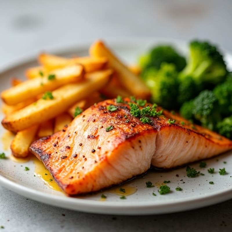 Seared Salmon with Crispy Baked Fries and Steamed Broccoli
