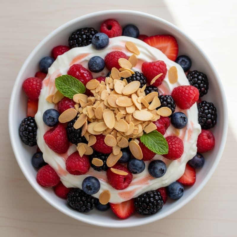 Greek Yogurt Protein Parfait with Mixed Berries and Almonds
