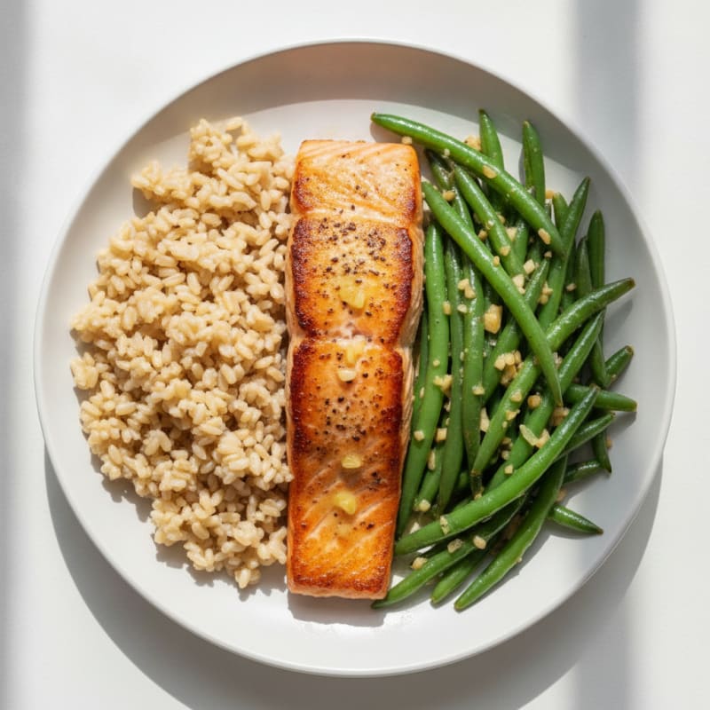 Seared Salmon with Garlic Green Beans and Brown Rice