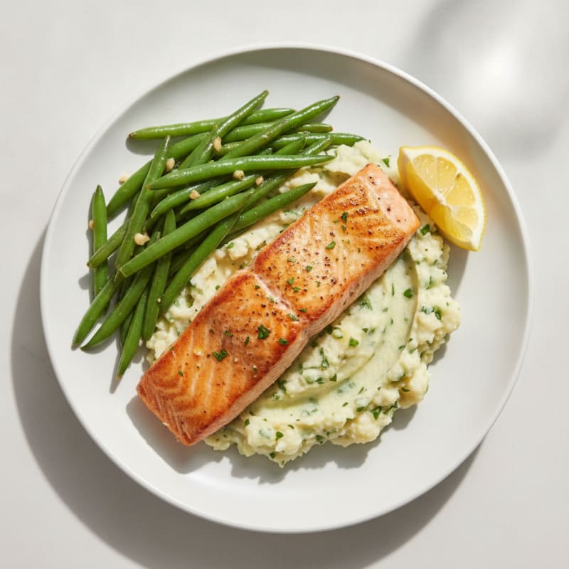 Seared Salmon with Garlicky Green Beans and Herb-Cauliflower Mash