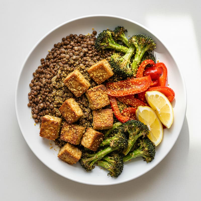 Crispy Tempeh and Lentil Power Bowl with Roasted Vegetables