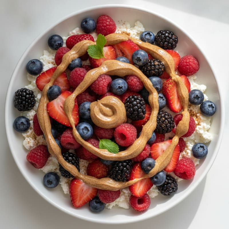 Cottage Cheese Greek Yogurt Bowl with Mixed Berries and Almond Butter