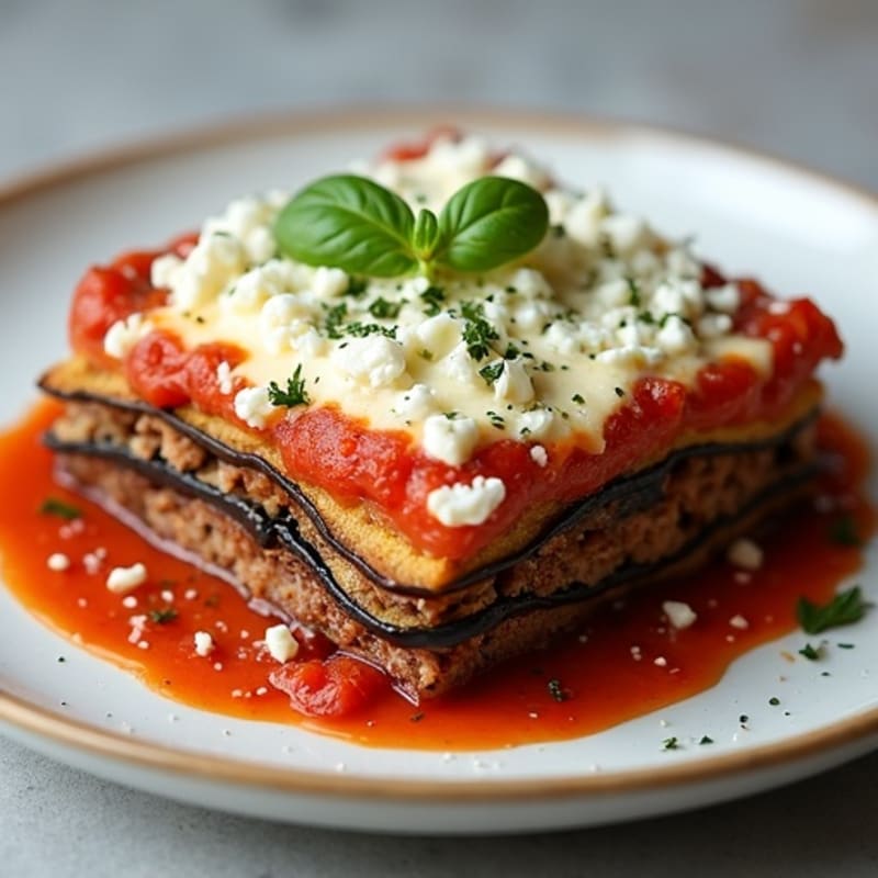 Savory Layered Lamb and Roasted Eggplant Bake with Creamy Feta Topping