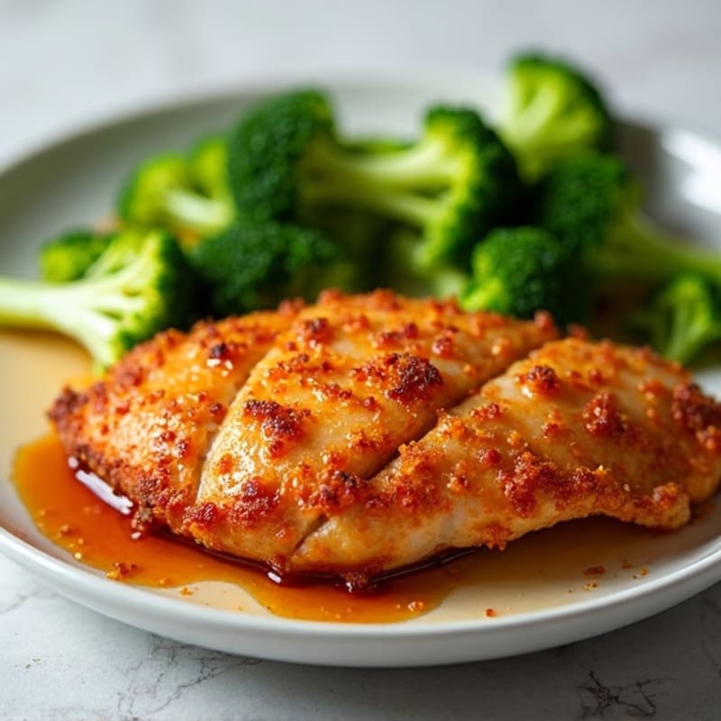 Crispy Baked Chicken with Sweet and Spicy Glaze and Fresh Broccoli