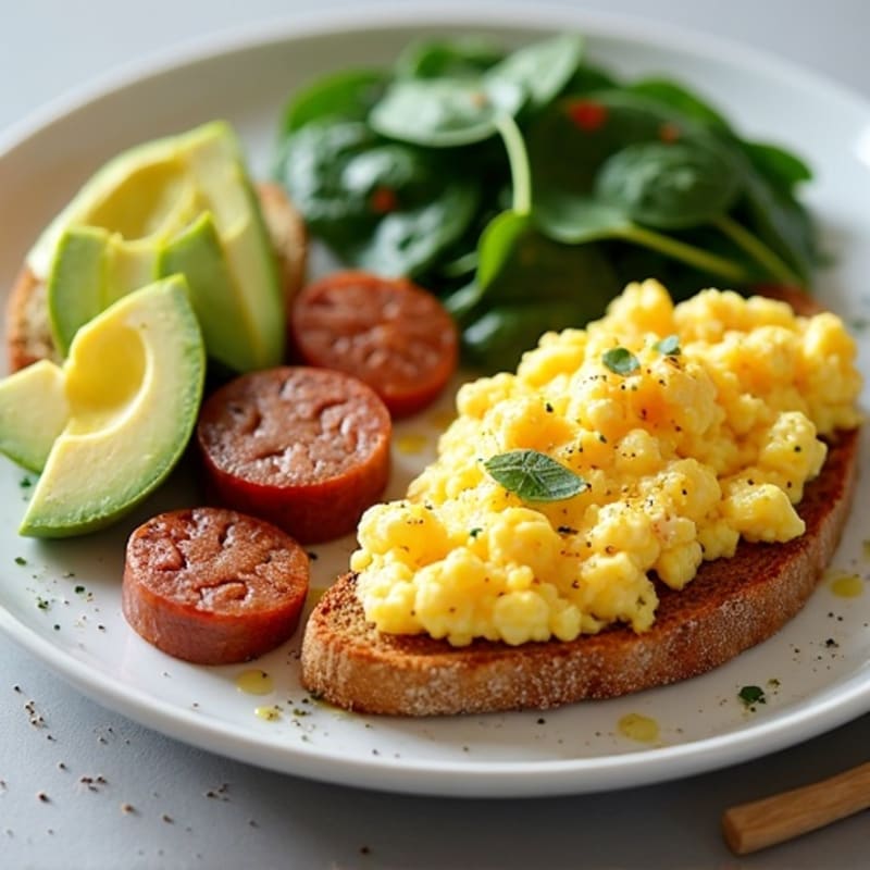 Egg White Scramble with Turkey Sausage, Spinach & Avocado Toast