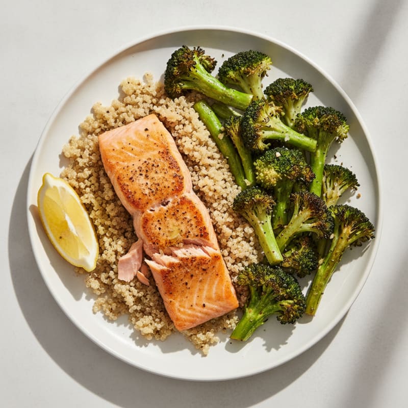 Seared Salmon Fillet with Roasted Broccoli and Quinoa