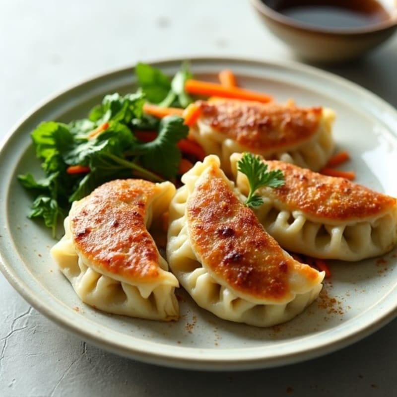 Crispy Pan-Seared Chicken and Vegetable Dumplings with Sautéed Asian Greens