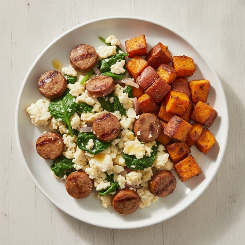 Egg White Scramble with Turkey Sausage and Spinach