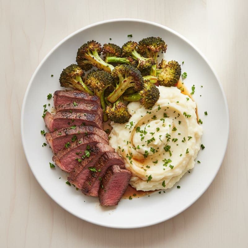 Seared Lean Beef with Roasted Broccoli and Garlic Mash