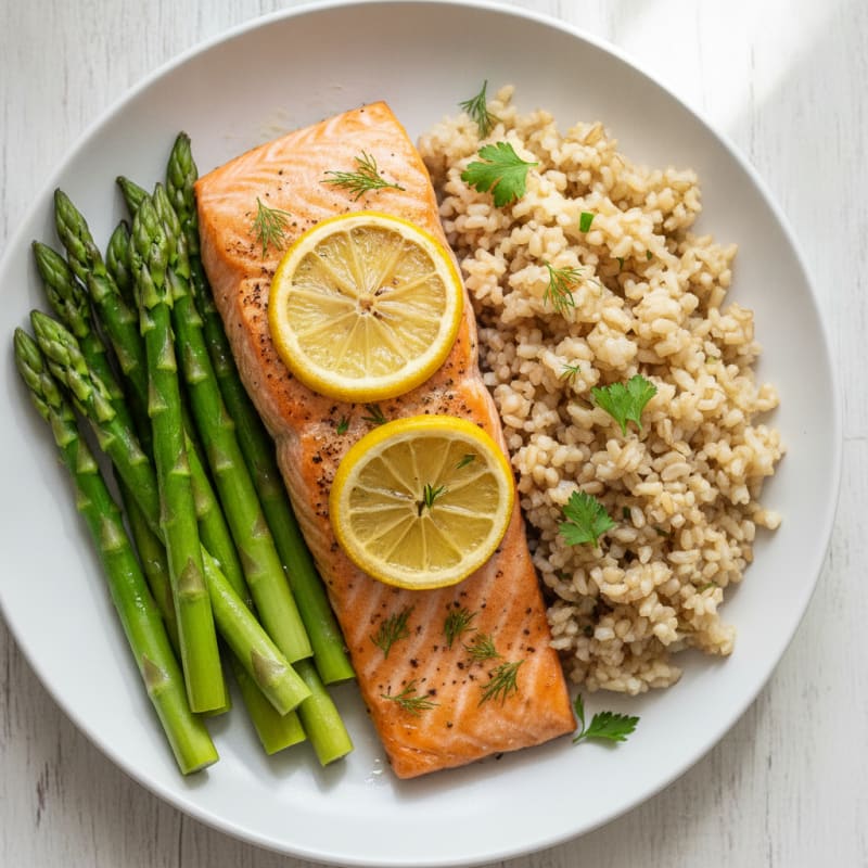 Baked Salmon Fillet with Steamed Asparagus and Brown Rice