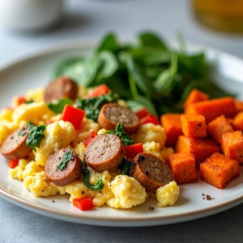 Egg White and Chicken Sausage Scramble with Roasted Sweet Potatoes