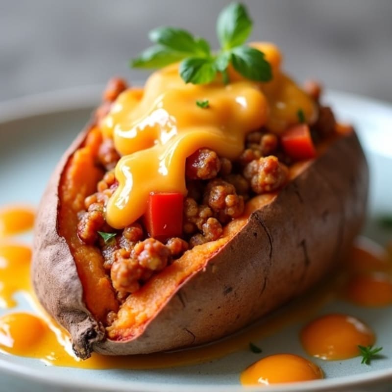 Hearty Turkey Chili Stuffed Sweet Potato with Creamy Cheddar Sauce