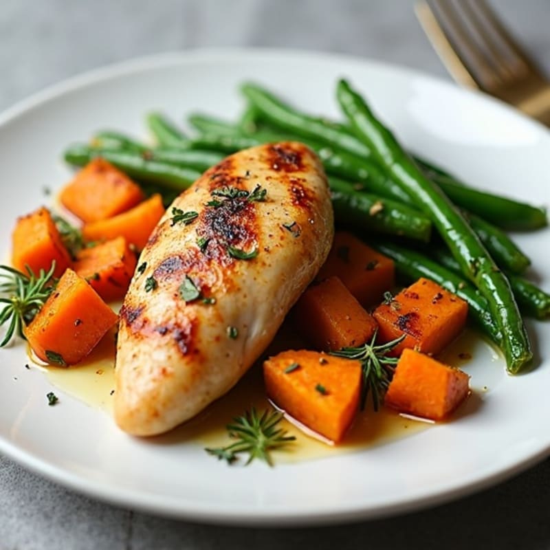 Herb-Grilled Chicken Breast with Roasted Sweet Potatoes and Green Beans