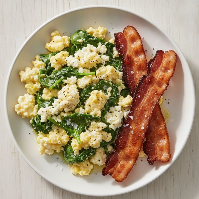 Cottage Cheese Egg Scramble with Spinach and Turkey Bacon