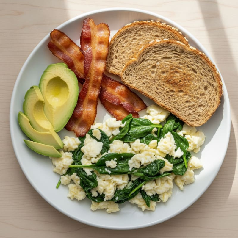 Crispy Turkey Bacon and Egg White Scramble with Spinach