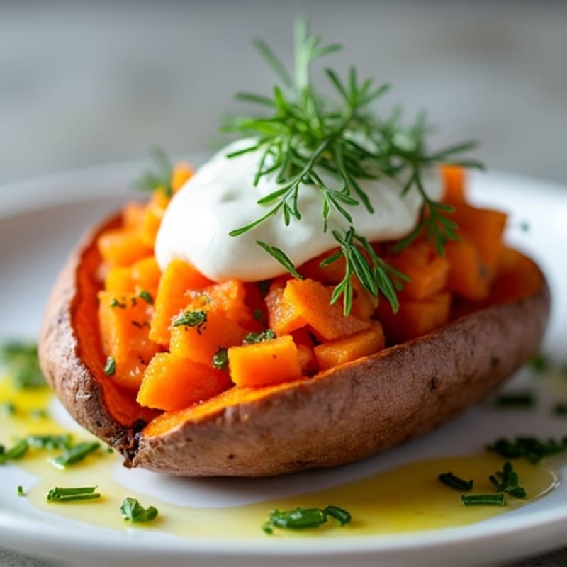 Crispy-Skin Sweet Potato with Greek Yogurt and Herbs