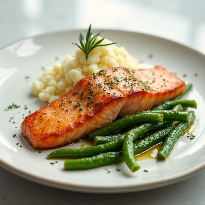 Seared Salmon with Garlic Green Beans and Cauliflower Mash