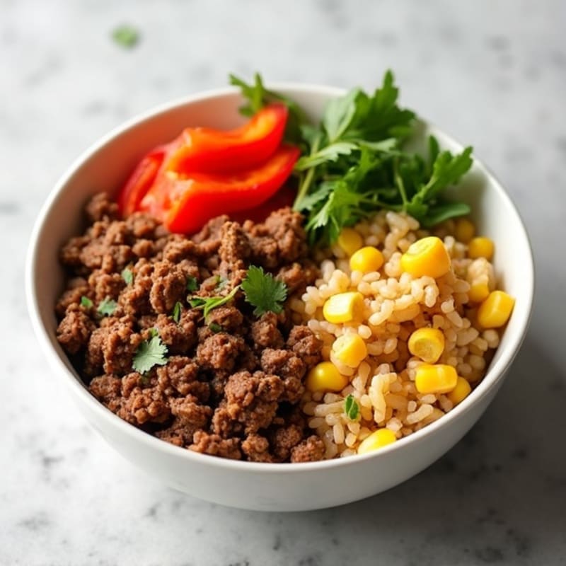 Southwest Seasoned Ground Beef Bowl with Cilantro-Lime Rice and Roasted Corn
