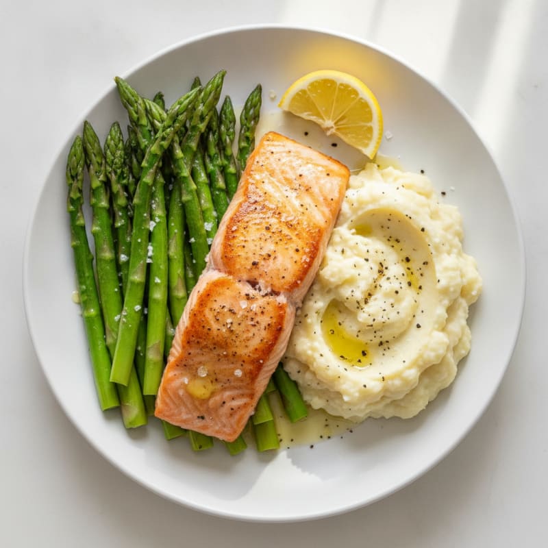 Seared Salmon with Steamed Asparagus and Garlic Mashed Cauliflower
