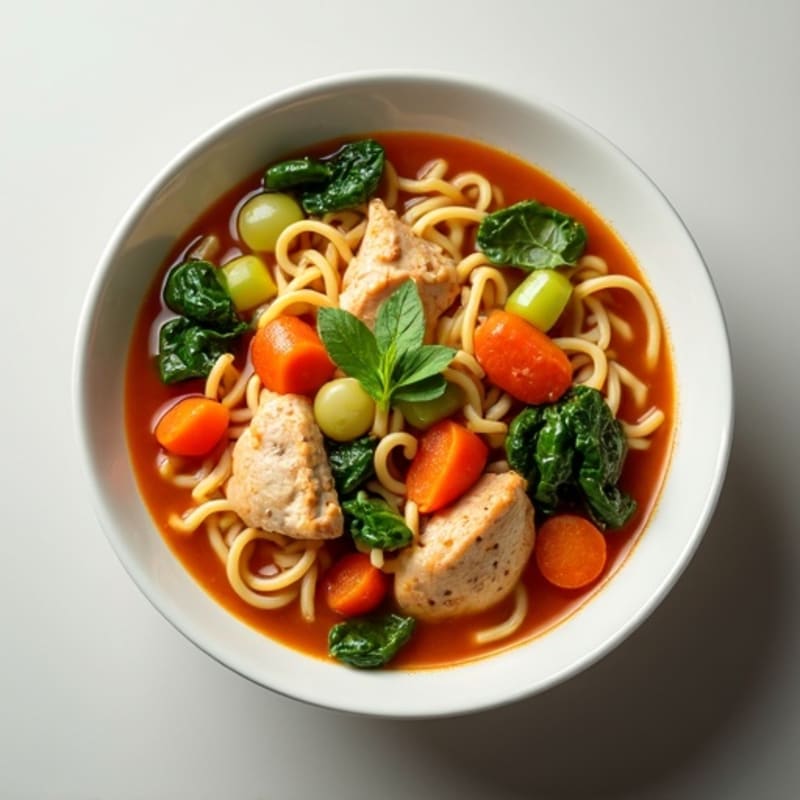 Chicken and Vegetable Noodle Soup with Spicy Sriracha Broth