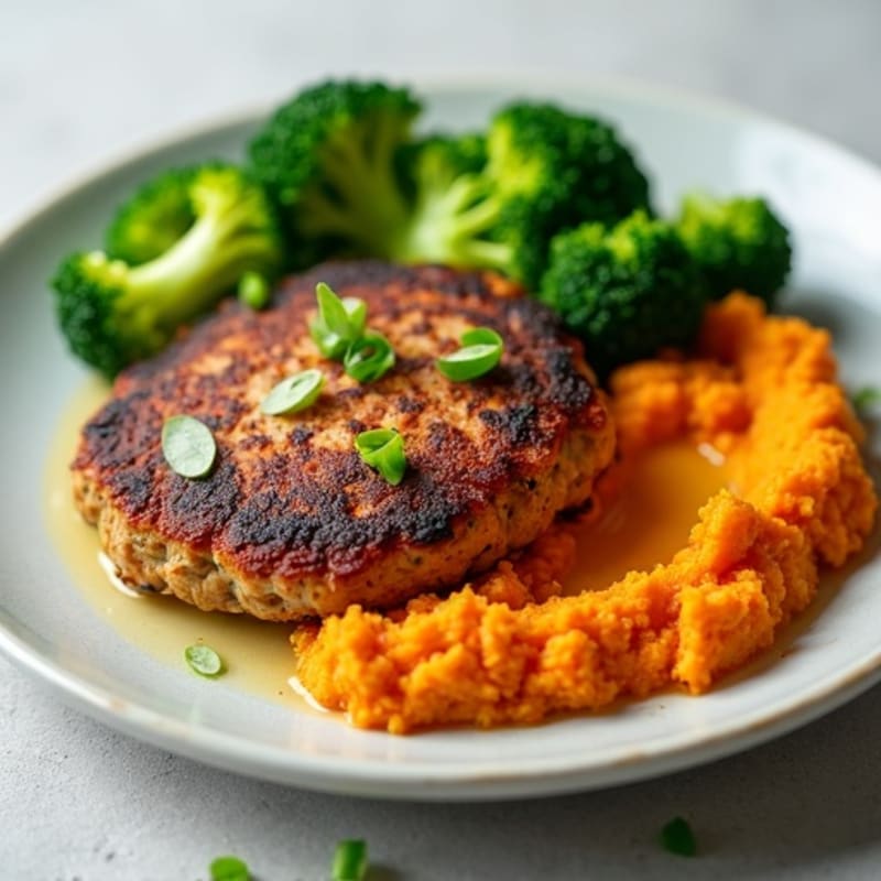 Seared Turkey Patties with Steamed Broccoli and Sweet Potato Mash