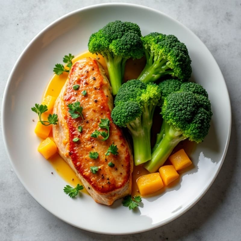 Pan-Seared Chicken with Roasted Broccoli and Sweet Mango Chutney