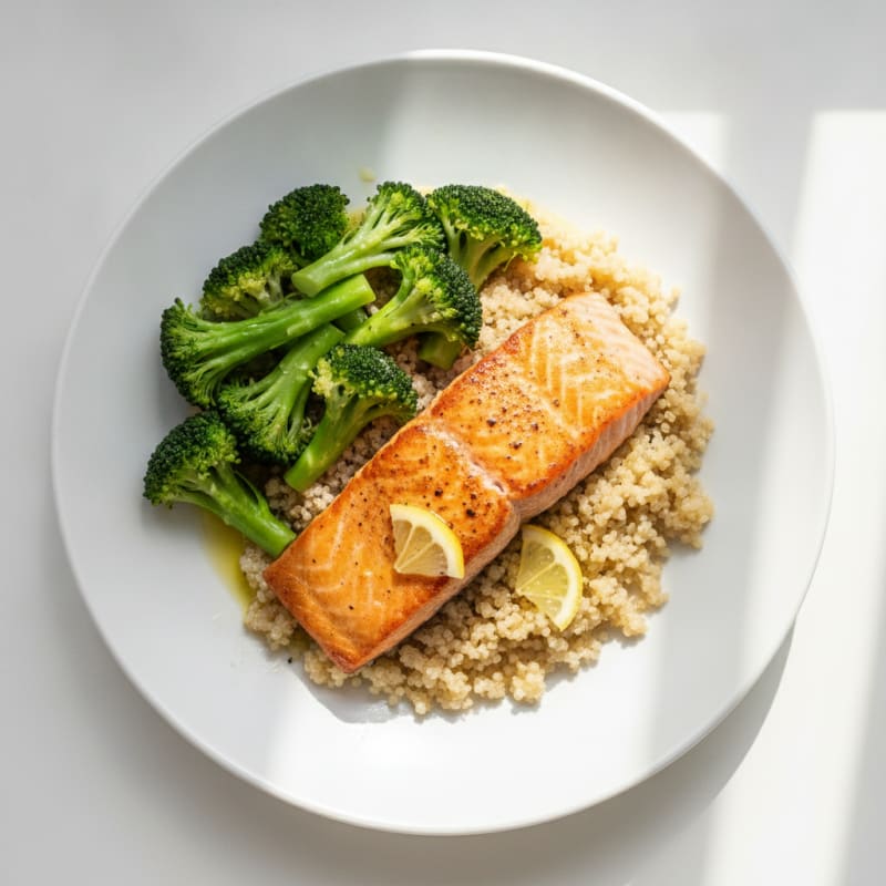 Seared Salmon Fillet with Steamed Broccoli and Quinoa